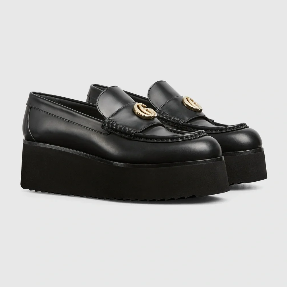 Gucci Black Platform Leather Loafers with Gold Emblem - Women - Picture 2 of 9